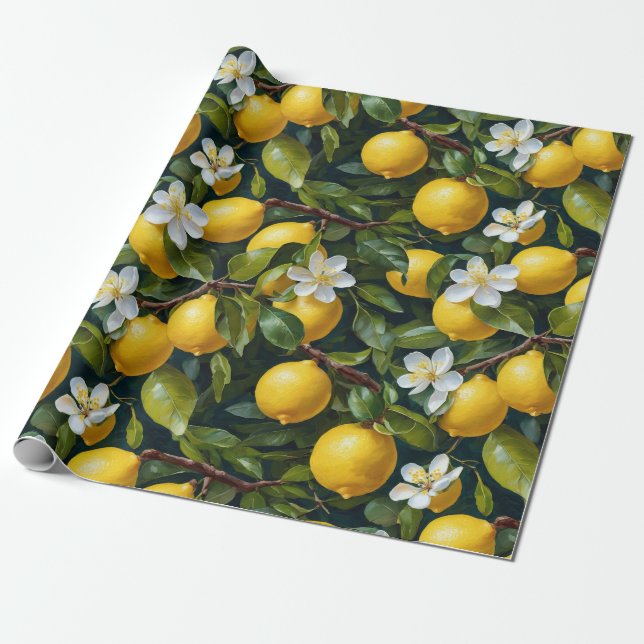 Lemon Fruit Blossom Art Painting Seamless Pattern Wrapping Paper (Unrolled)