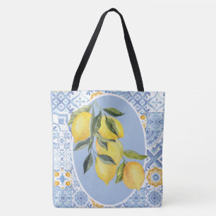 Lemon fruit, European-inspired blue tile Tote Bag