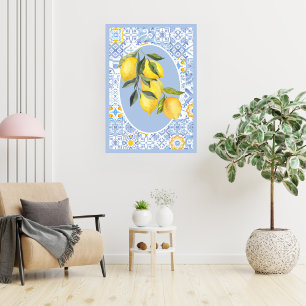 Lemon fruit, European-inspired blue tiles  Poster