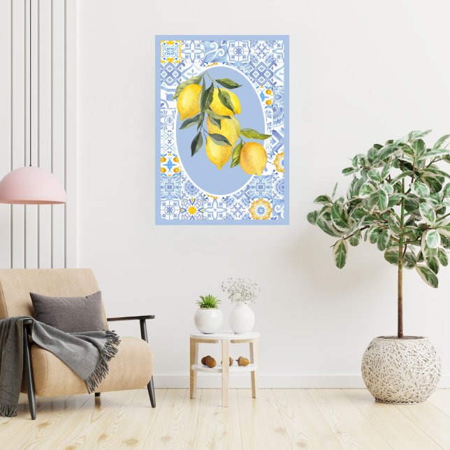 Lemon fruit, European-inspired blue tiles  Poster (Creator Uploaded)