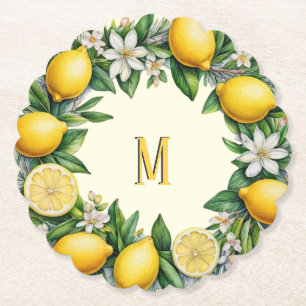 Lemon Fruit Flowers Fresh Citrus Monogrammed Paper Coaster