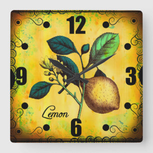 Lemon Fruit Flowers Leaves Vintage Botanical Square Wall Clock