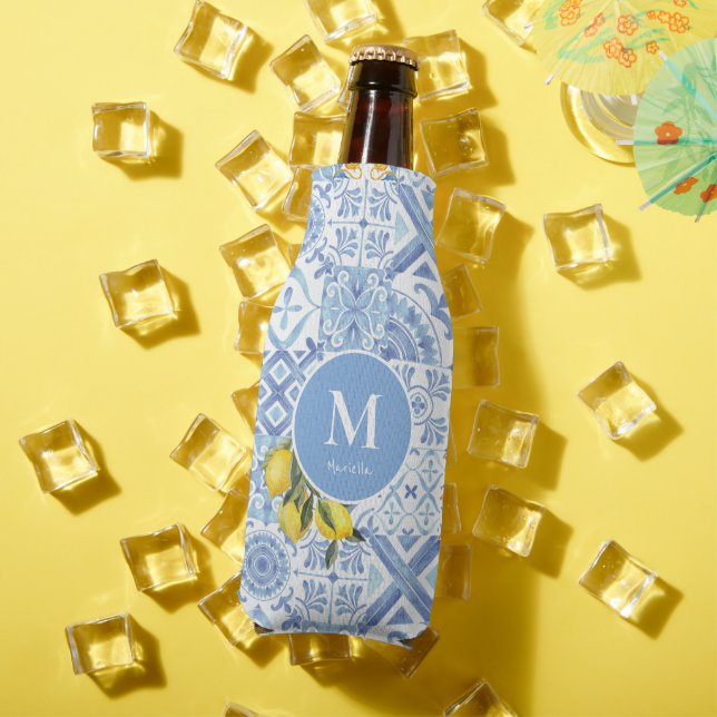 Lemon fruit monogram, blue tile bottle cooler (In Situ Summer)