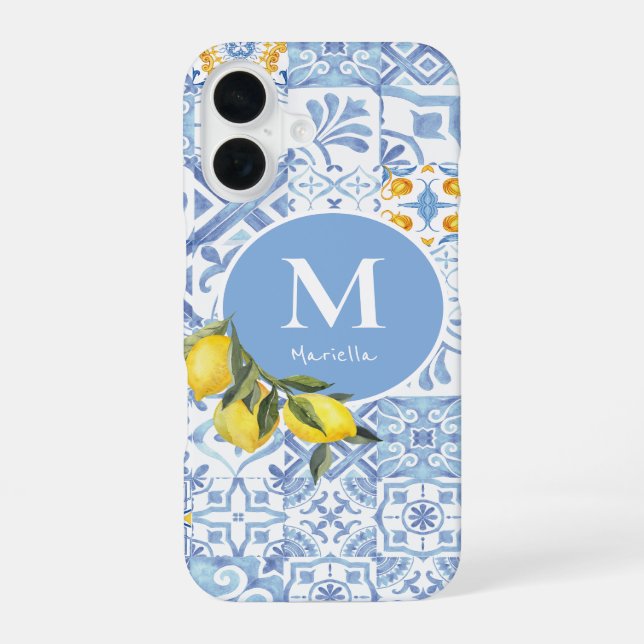 Lemon fruit monogram, blue tile iPhone 16 case (Back)