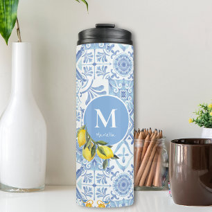 Lemon fruit monogram, blue tile thermal tumbler