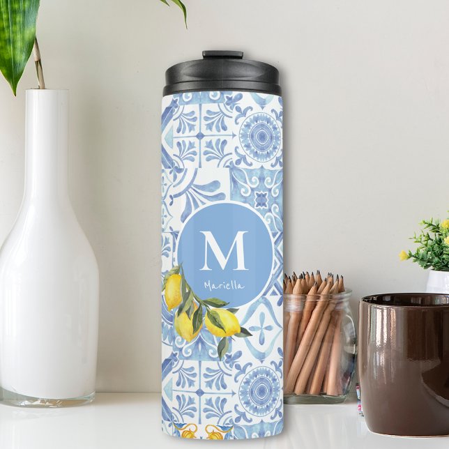 Lemon fruit monogram, blue tile thermal tumbler (Lemon fruit monogram, blue tile thermal tumbler Travel mug for her)
