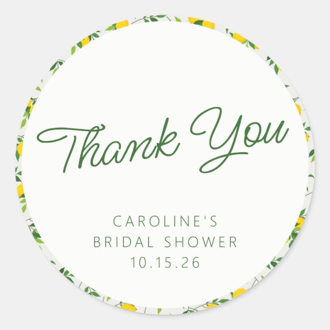 Lemon Fruit Pattern Custom Bridal Shower Thank You Classic Round Sticker (Front)