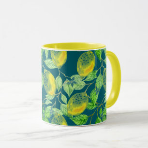 Lemon fruit pattern yellow blue vintage mug