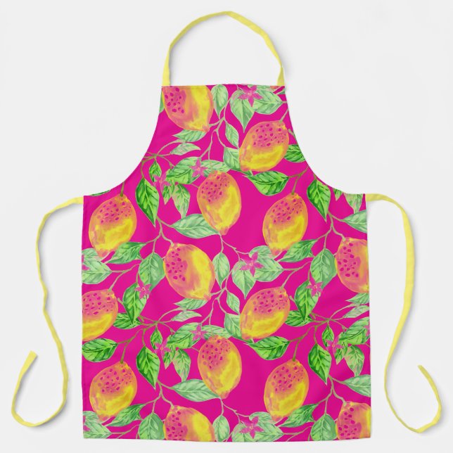 Lemon fruit pattern yellow pink green apron (Front)