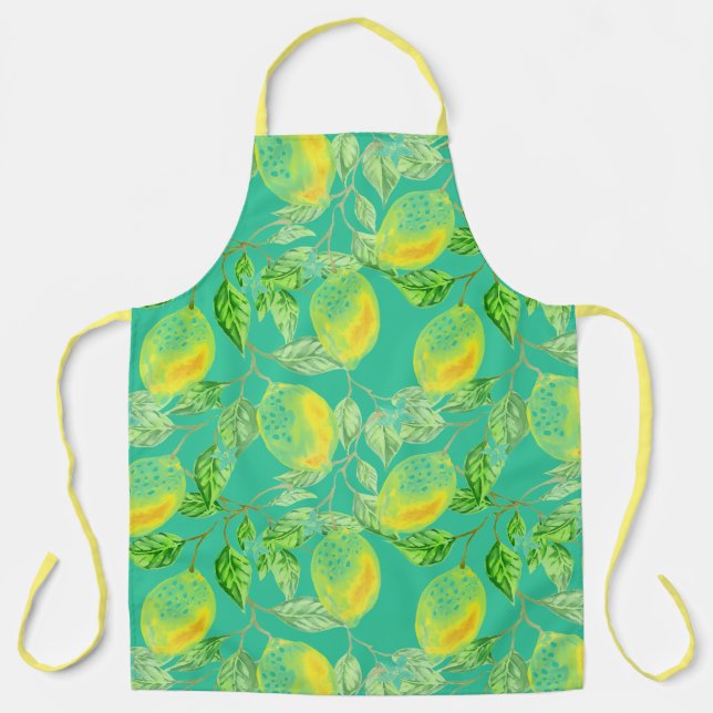Lemon fruit pattern yellow turquoise green apron (Front)