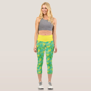 Lemon fruit pattern yellow turquoise green capri leggings