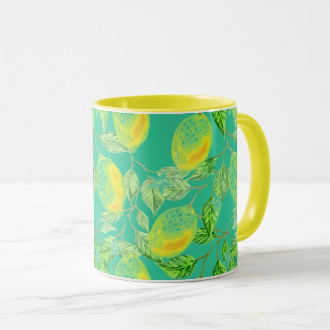 Lemon fruit pattern yellow turquoise vintage mug (Front Right)
