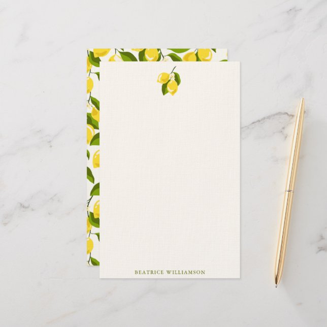 Lemon Fruit Watercolor Pattern Personalised Name Stationery (Front/Back In Situ)