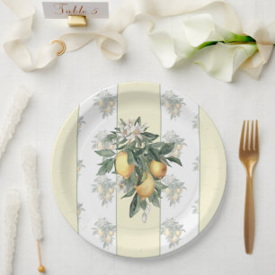 Lemon Fruit   Yellow & White Striped Paper Plate