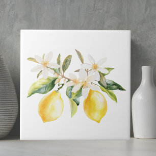 Lemon Fruits and White Flowers Tree Branch Ceramic Tile