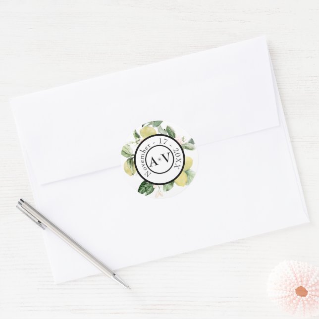 Lemon Garden Floral Monogram White Wedding Classic Round Sticker (Envelope)