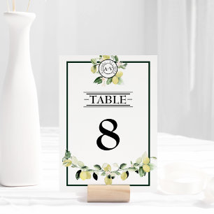 Lemon Garden Monogram White Wedding  Table Number