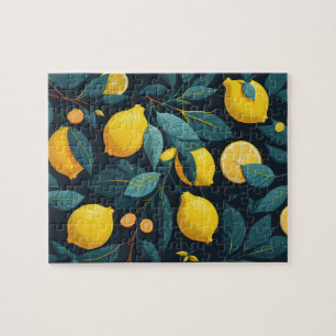 Lemon garden pattern. Yellow tropical citrus fruit Jigsaw Puzzle