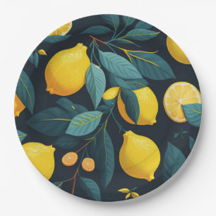 Lemon garden pattern. Yellow tropical citrus fruit Paper Plate