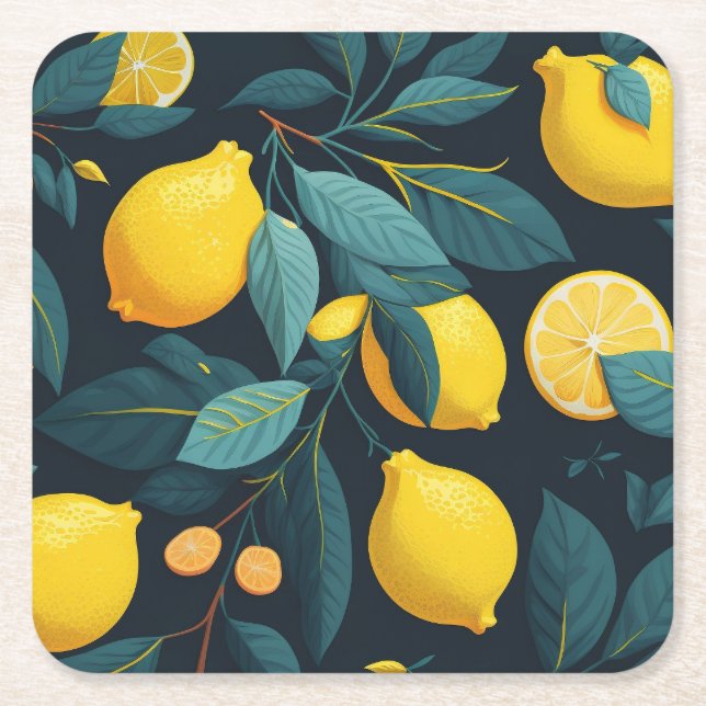 Lemon garden pattern. Yellow tropical citrus fruit Square Paper Coaster (Front)
