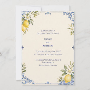 Lemon Garland Blue Scroll Wedding Invitation