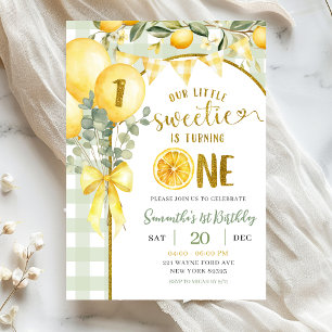 Lemon Gingham 1st birthday invitation