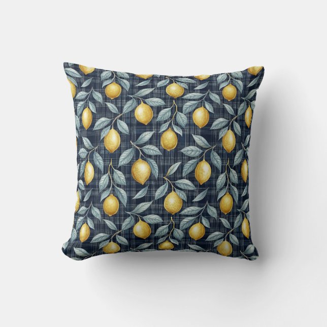Lemon Gingham Mediterranean Pattern Cushion (Front)