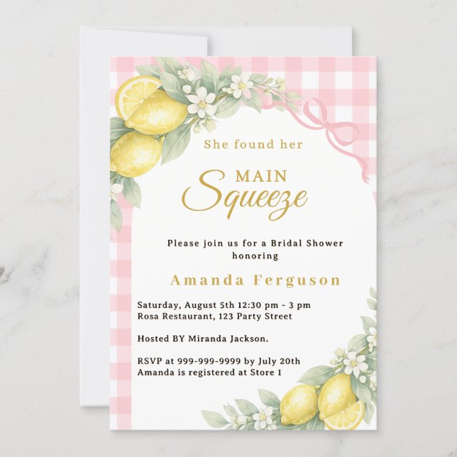 Lemon gingham pink main squeeze bow Bridal Shower Invitation (Front)
