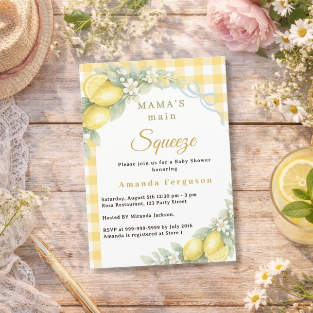 Lemon gingham squeeze blue bow boy Baby Shower Invitation (Creator Uploaded)
