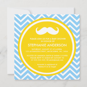 Lemon gold grey chevron moustache baby boy shower invitation
