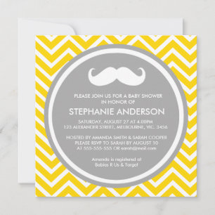 Lemon gold grey chevron moustache baby boy shower invitation