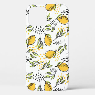 Lemon, green branches: abstract pattern. iPhone 12 case