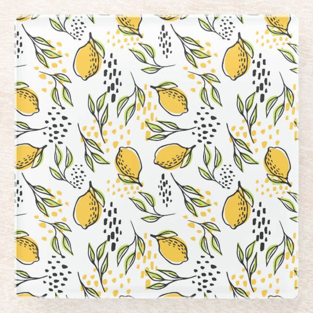 Lemon, green branches: abstract pattern. glass coaster (Front)