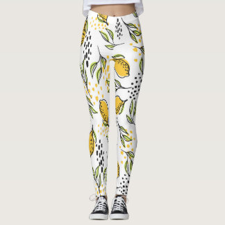 Lemon, green branches: abstract pattern. leggings