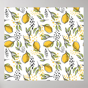 Lemon, green branches: abstract pattern. poster