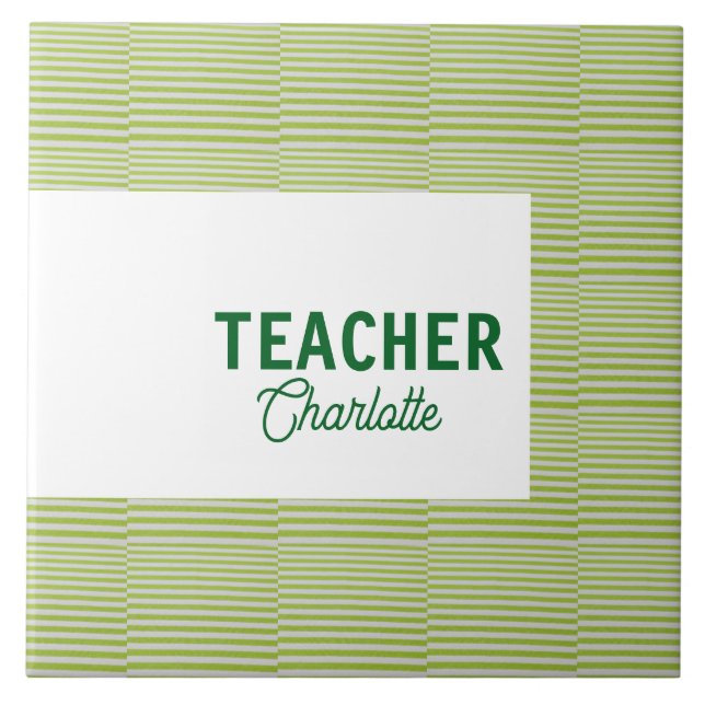 Lemon green white stripes teacher professor name c ceramic tile (Front)