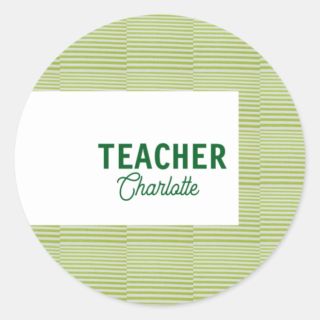 Lemon green white stripes teacher professor name c classic round sticker (Front)