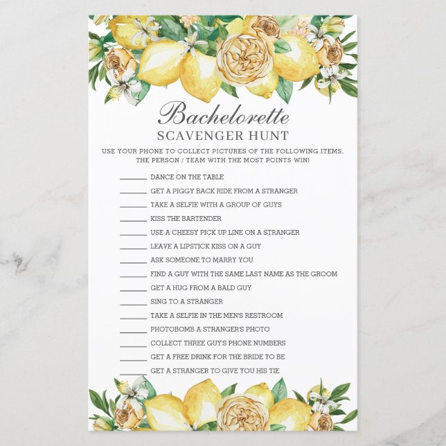 Lemon Greenery Bachelorette Scavenger Hunt Game (Front)