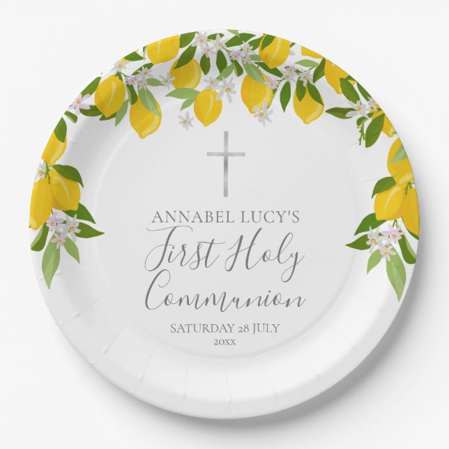 Lemon Greenery First Holy Communion Paper Plate (Front)