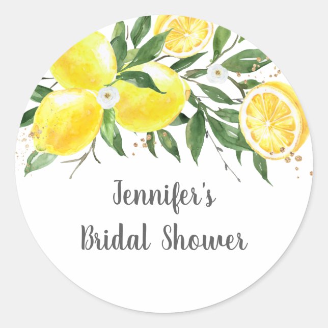 Lemon Greenery Gold Bridal Shower Classic Round Sticker (Front)