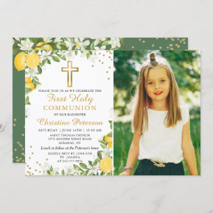 Lemon Greenery Gold Glitter First Communion Photo Invitation