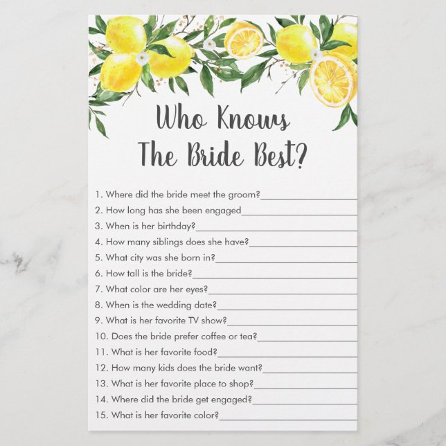 Lemon Greenery Gold Who Knows The Bride Best Game (Front)