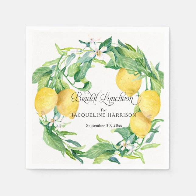 Lemon Greenery White Floral Wreath Bridal Luncheon Napkin (Front)