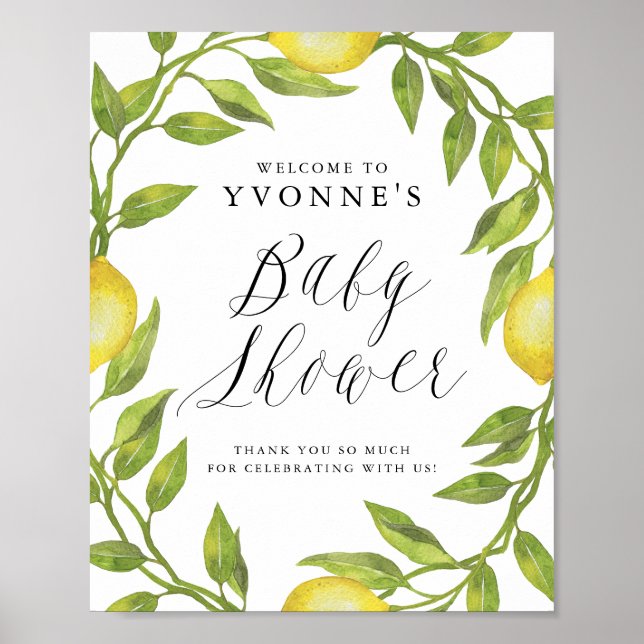 Lemon Greenery Wreath Baby Shower Welcome Poster (Front)
