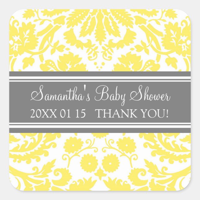 Lemon Grey Damask Baby Shower Favour Stickers (Front)