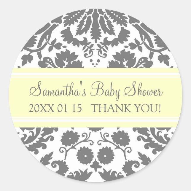 Lemon Grey Damask Baby Shower Favour Stickers (Front)