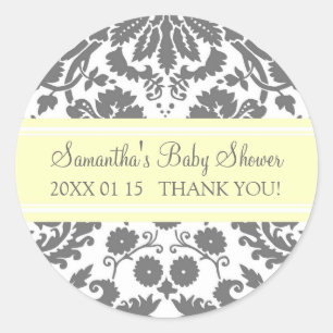 Lemon Grey Damask Baby Shower Favour Stickers