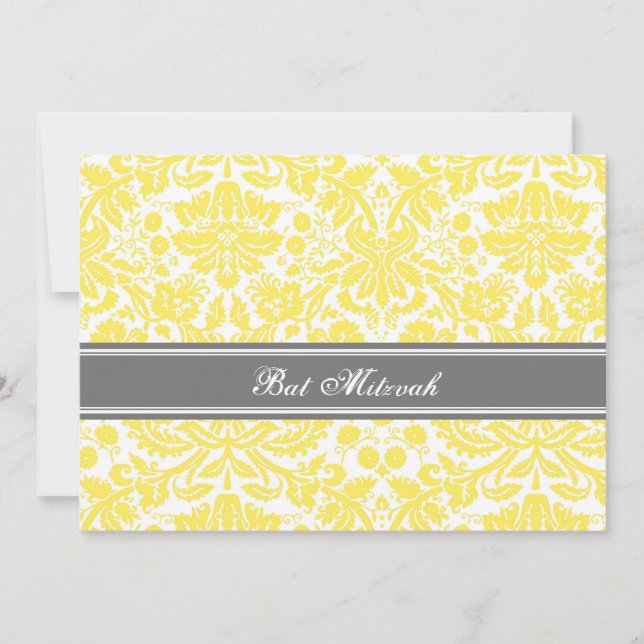 Lemon Grey Damask Bat Mitzvah Invitations (Front)