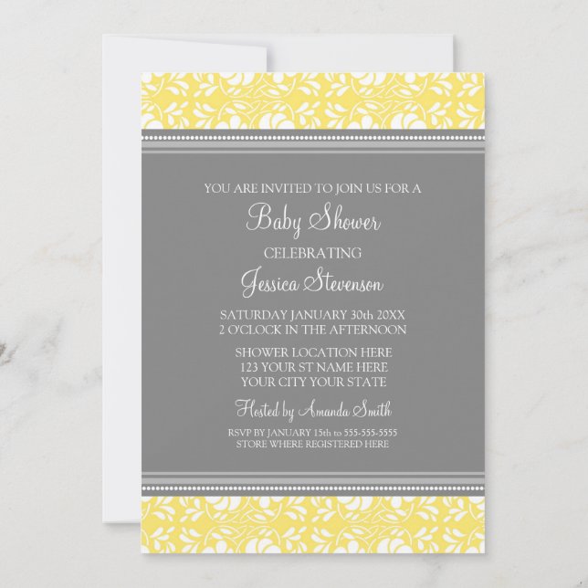 Lemon Grey Damask Custom Baby Shower Invitations (Back)