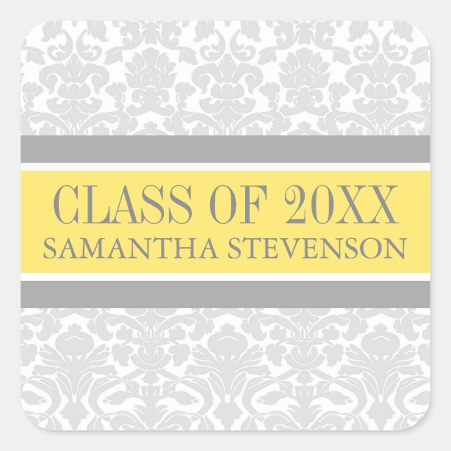 Lemon Grey Damask Graduation Custom Year Name Square Sticker (Front)